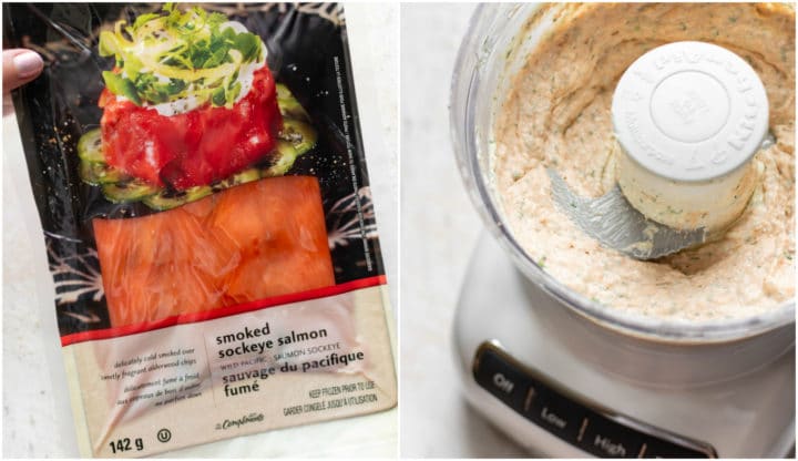 smoked salmon dip collage (smoked salmon in package and dip in food processor)