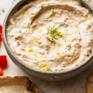 close-up of smoked salmon dip in a bowl