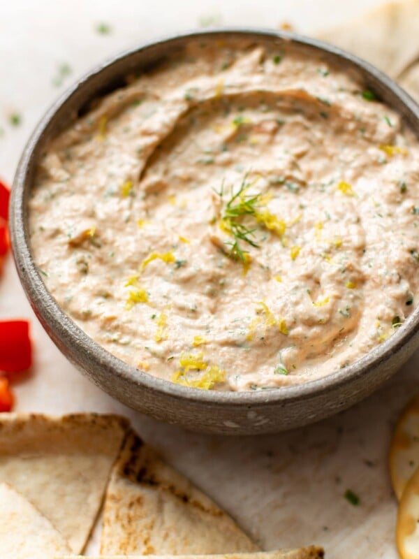 close-up of smoked salmon dip in a bowl