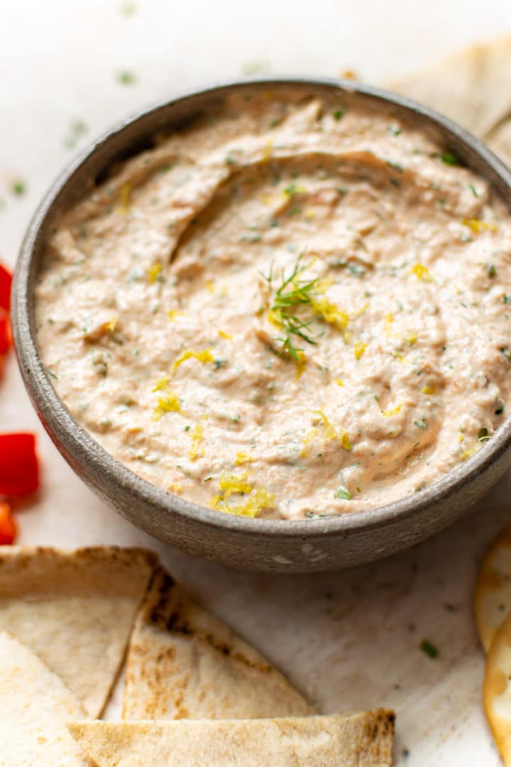 close-up of smoked salmon dip in a bowl