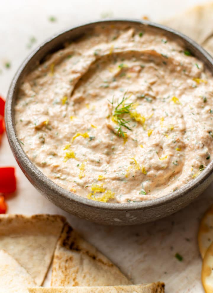 close-up of smoked salmon dip in a bowl