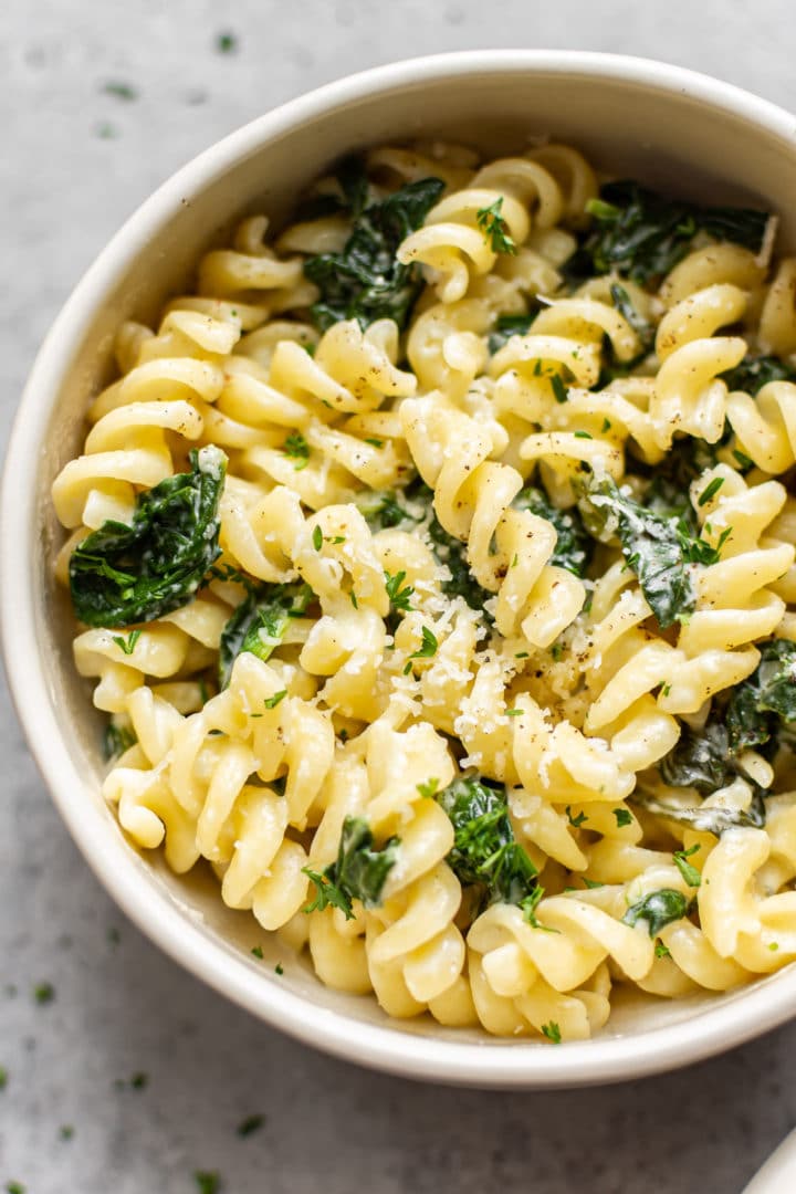 close-up of spinach goat cheese pasta