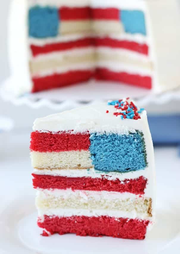 red white and blue layered flag cake piece