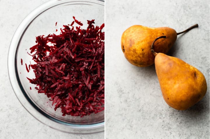 collage of grated beets in a glass bowl and two golden pears for beet and spinach salad recipe