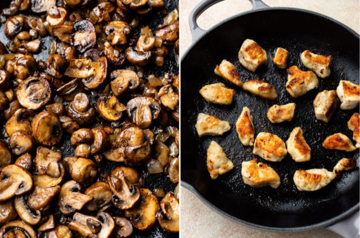chicken stroganoff prep collage (sautéd mushrooms close-up and seared chicken pieces in a skillet)