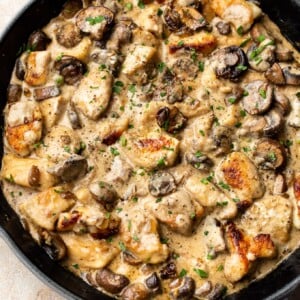 chicken stroganoff in a gray le creuset skillet