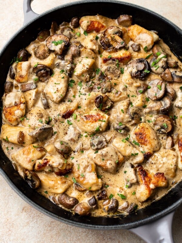 chicken stroganoff in a gray le creuset skillet