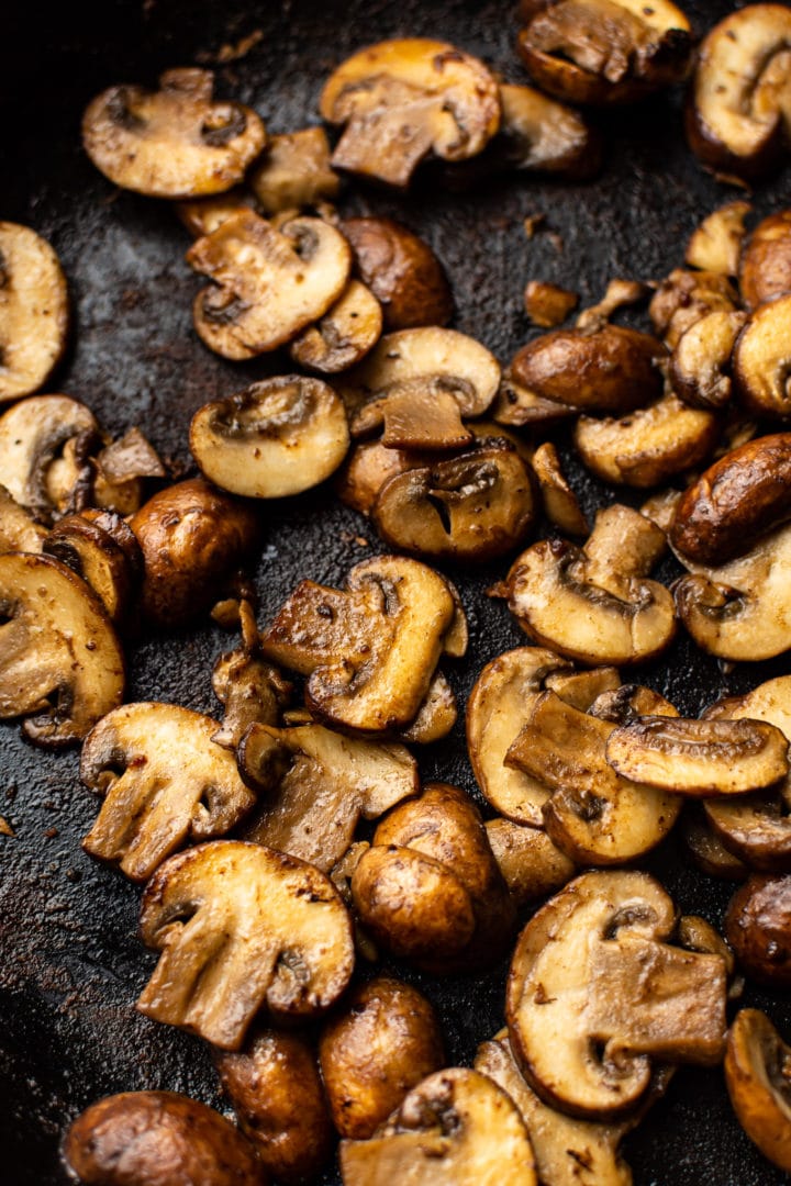 close-up of sautéed mushrooms