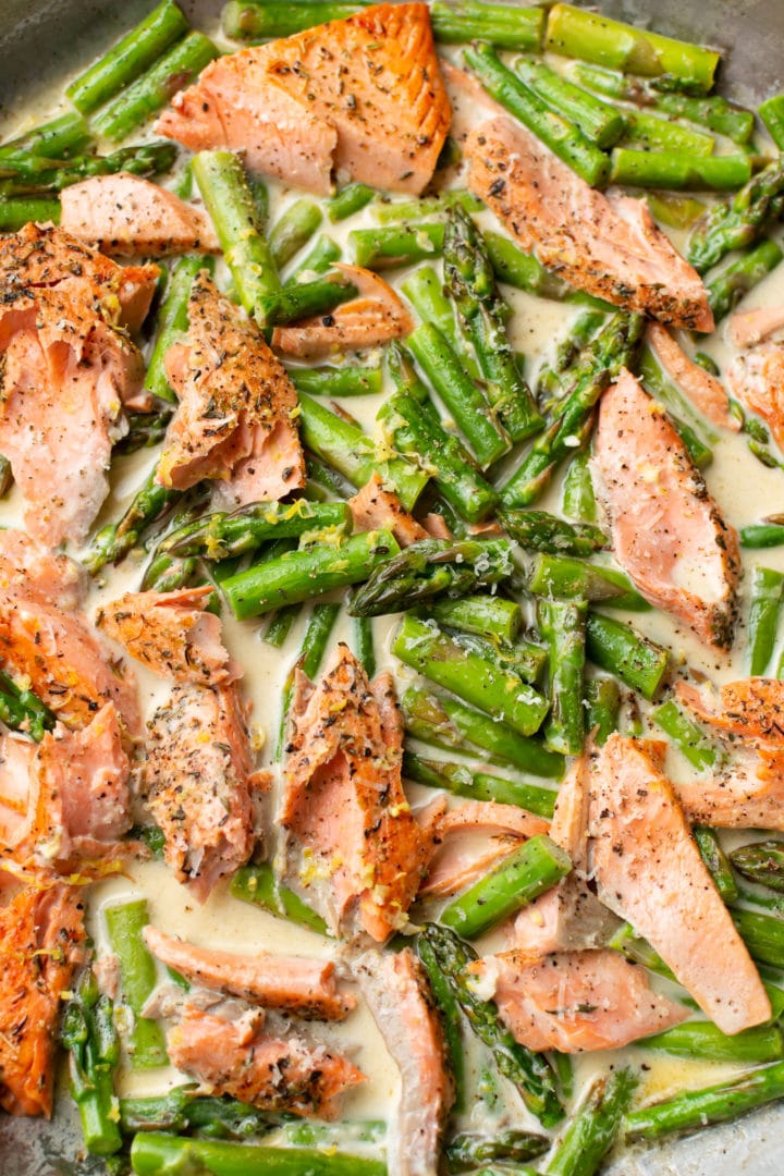 close-up of the sauce for creamy salmon asparagus pasta