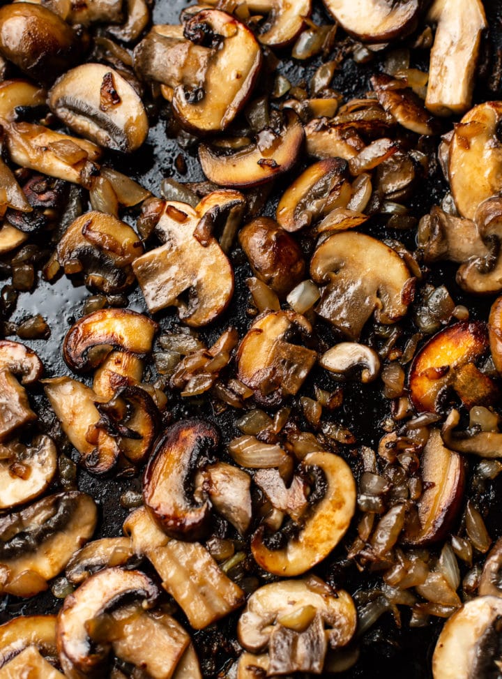 caramelized mushrooms and onions in a skillet