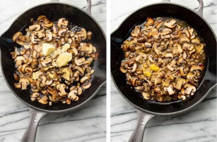 sauteing mushrooms, garlic, and onions in a skillet and adding lemon juice and dijon