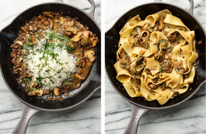 adding parmesan and pappardelle to a skillet for garlic mushroom pasta