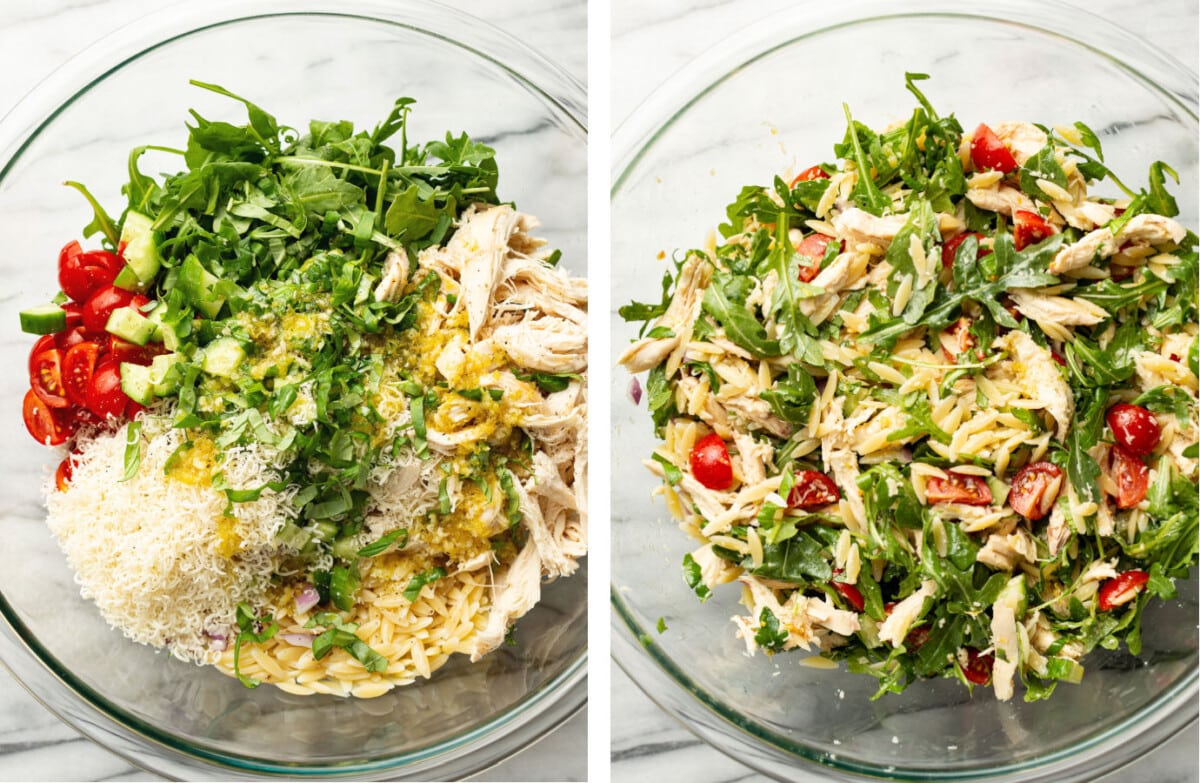 tossing lemon chicken orzo salad in a prep bowl
