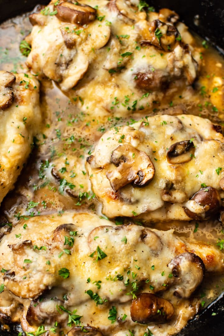 close-up of mozzarella mushroom white wine chicken