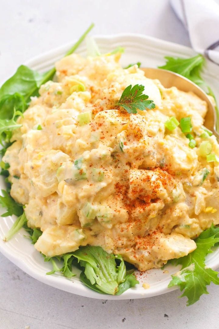 classic southern potato salad on white plate