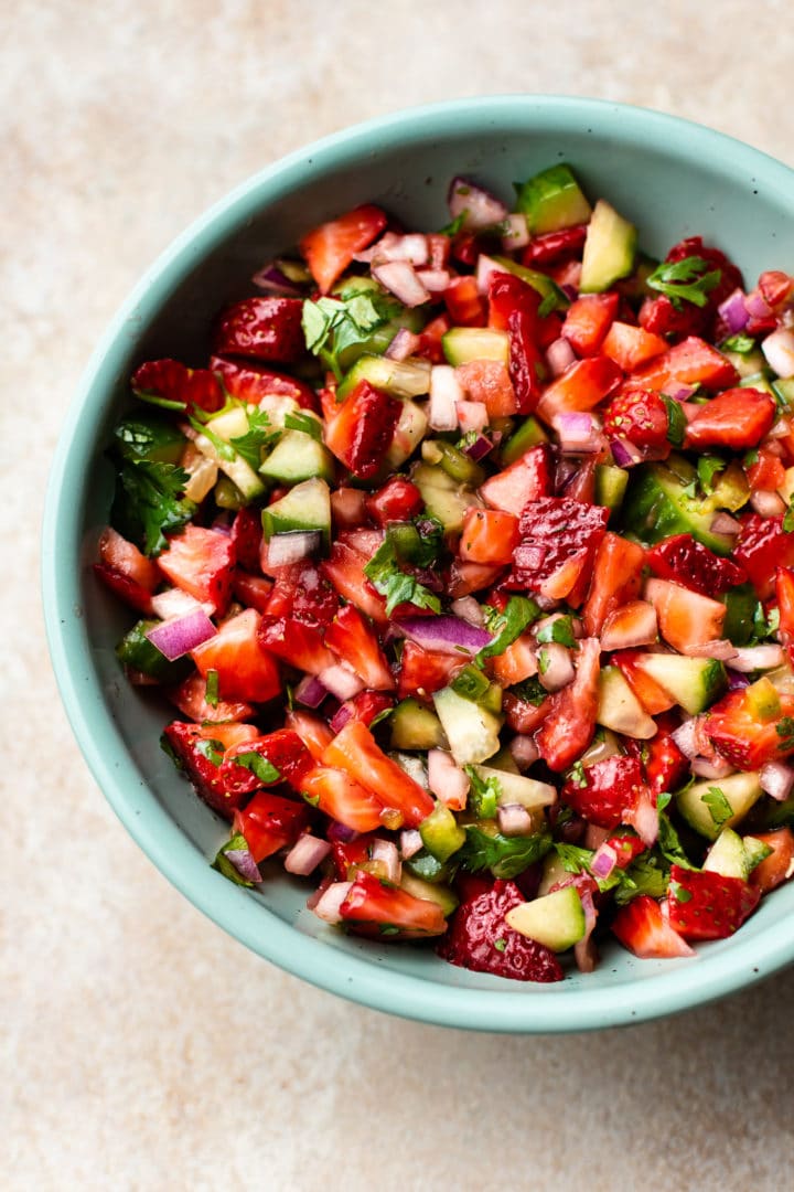 easy strawberry salsa in a turquoise bowl