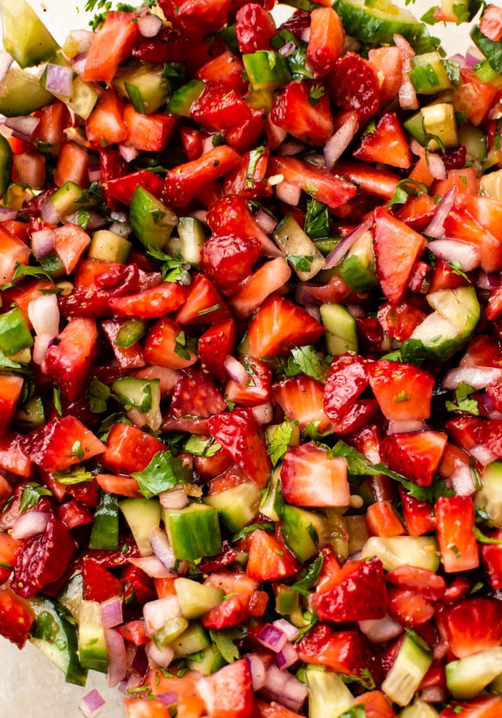 close-up of jalapeno strawberry salsa in a glass bowl