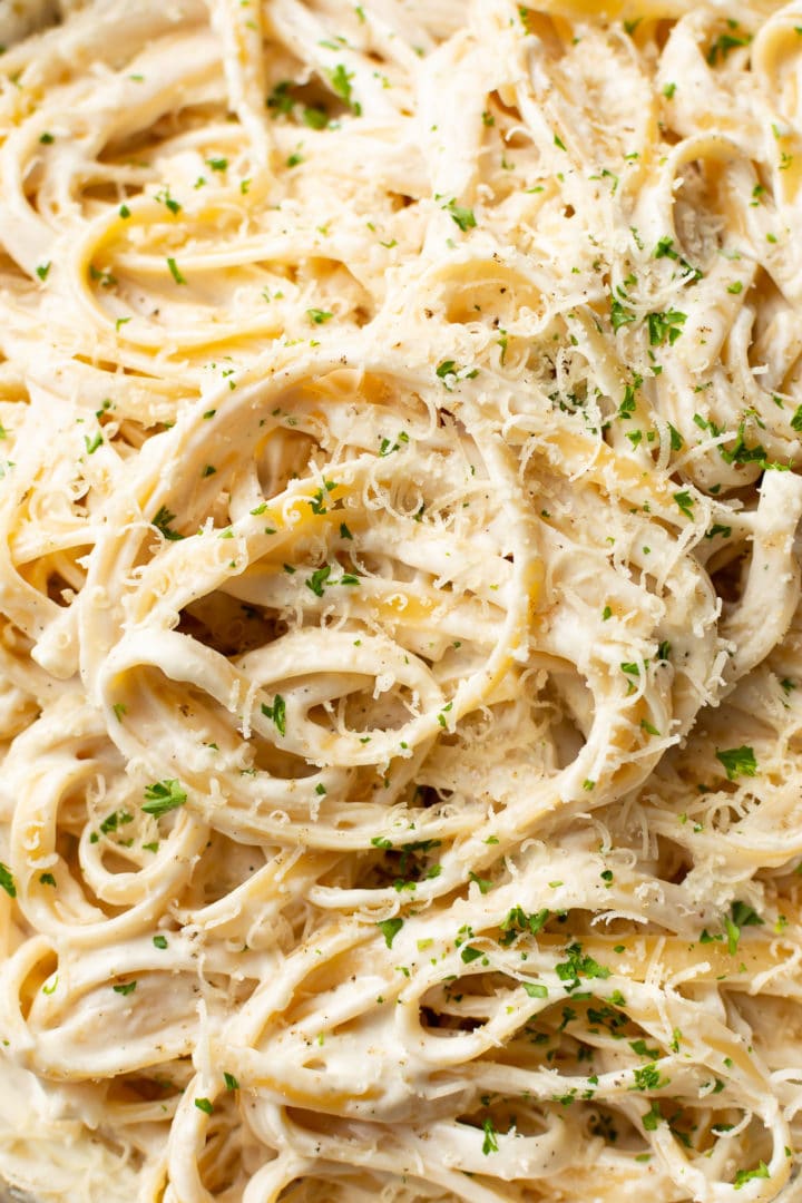 close-up of the best Alfredo sauce coating fettuccine with extra parmesan