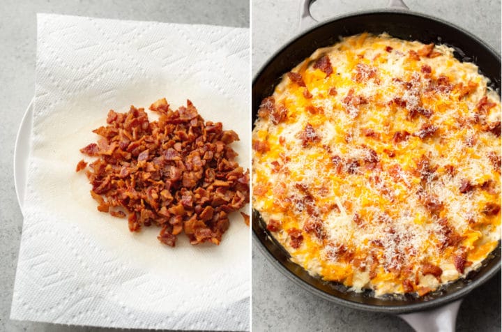 collage (bacon on paper towel lined plate and the skillet dip just before it goes into oven)