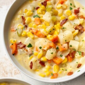 corn chowder in two white bowls