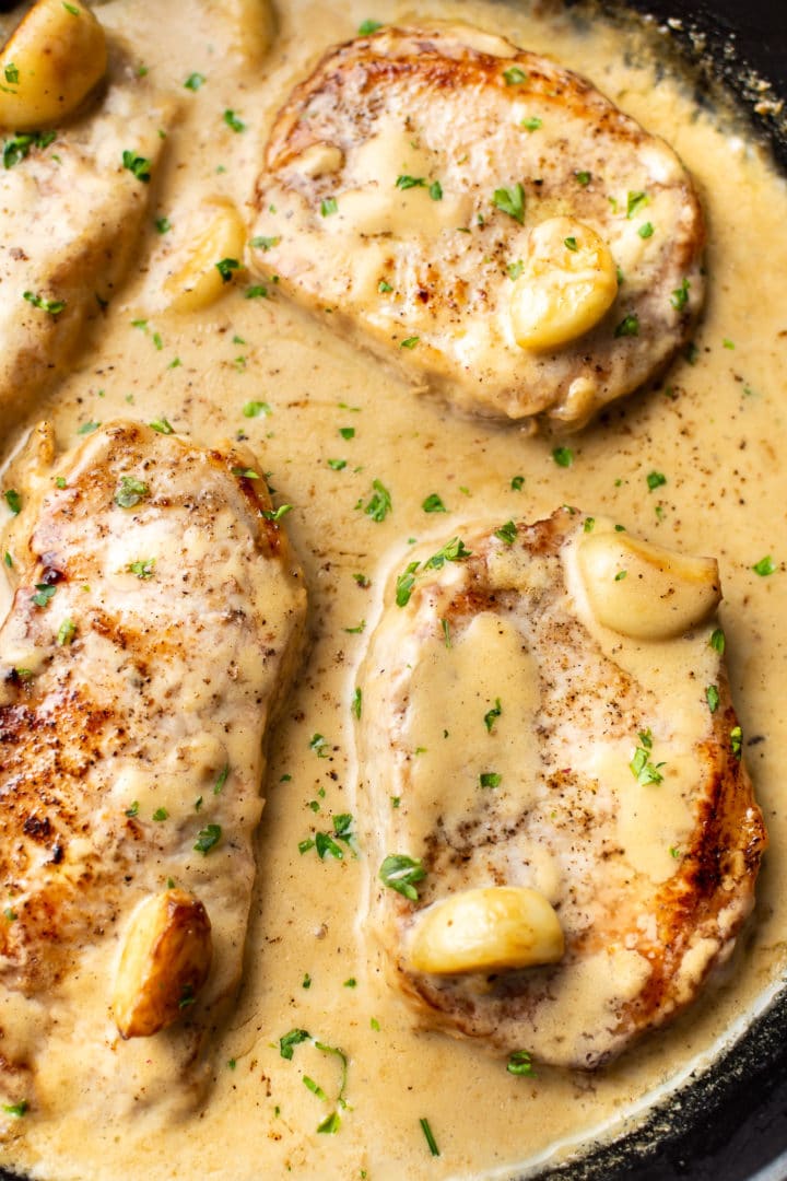 close-up of creamy pork chops