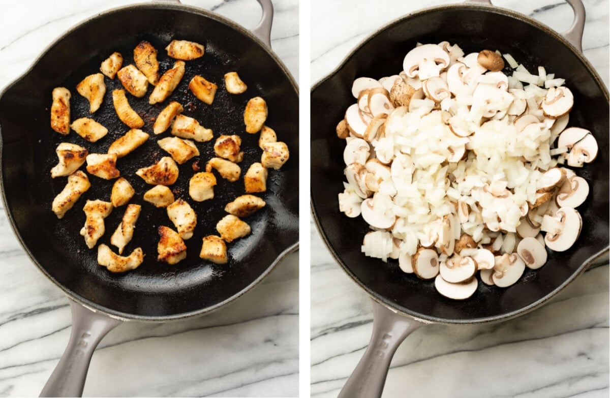 pan frying chicken in a skillet then sauteing mushrooms and onions