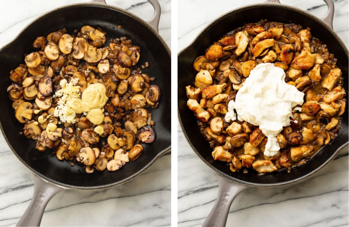 adding garlic and dijon to a skillet and then sour cream to make stroganoff sauce