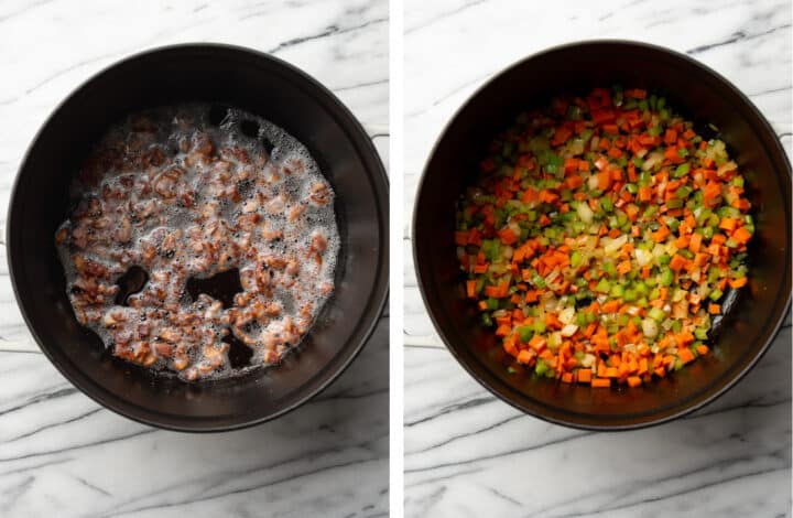 frying bacon and sauteing carrots, onion, and celery in a dutch oven