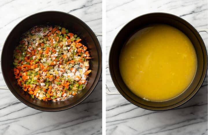 adding chicken broth to a dutch oven for corn chowder