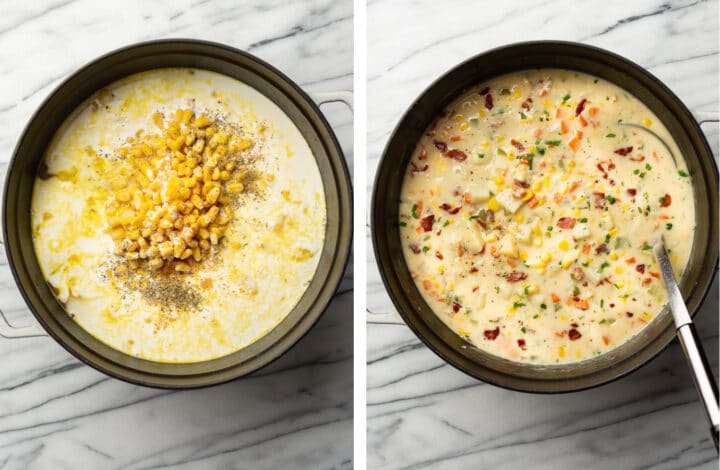 adding corn and seasoning to a dutch oven with corn chowder