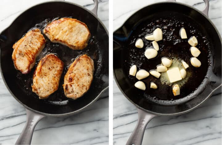 searing pork chops in a skillet and frying garlic