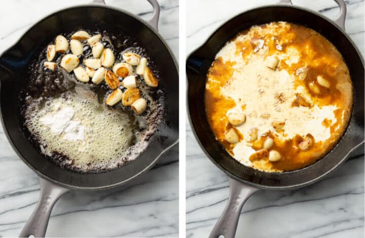 making a roux in a skillet and adding cream and broth