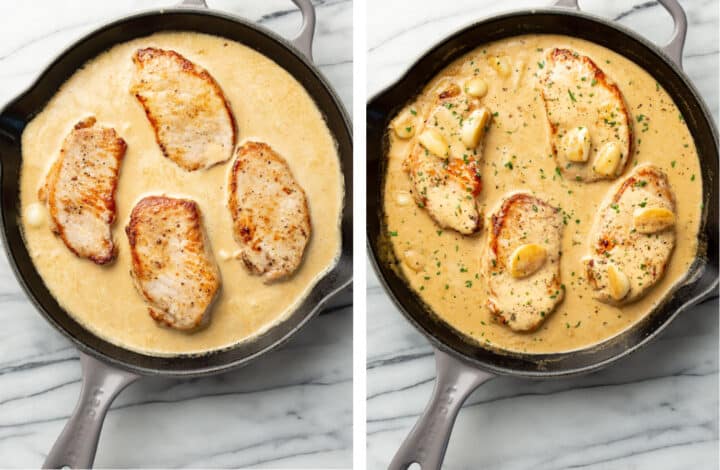 adding pork into a skillet of creamy garlic pork and topping with chopped parsley