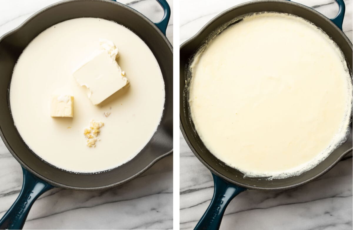 melting cream cheese and cream in a skillet to make alfredo sauce