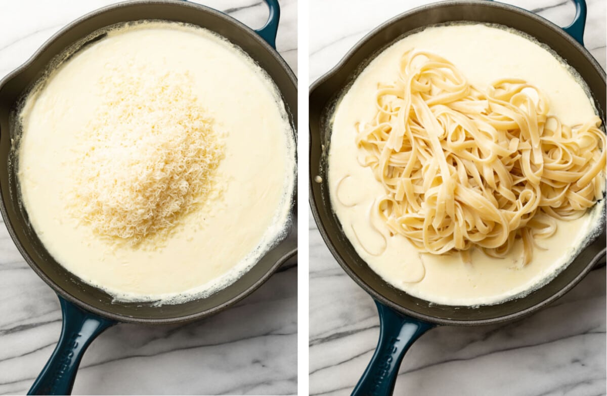 melting parmesan into a skillet with alfredo sauce and tossing with fettuccine