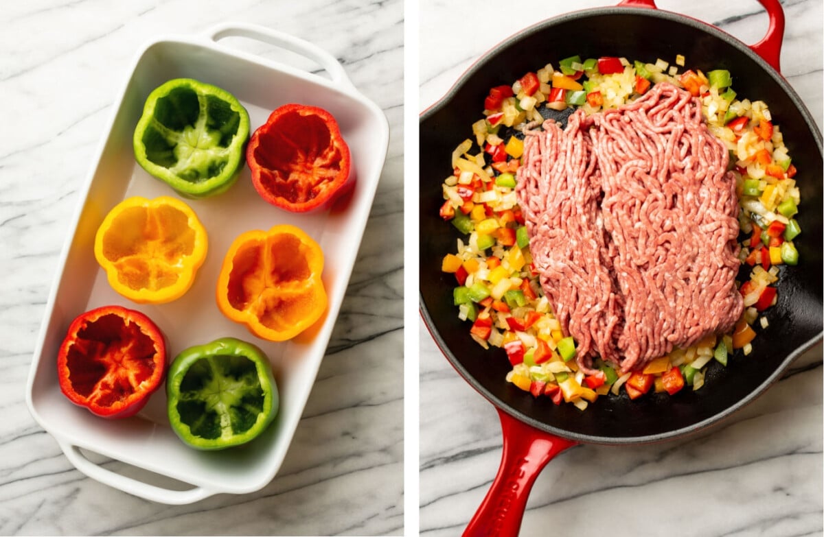 adding bell peppers to a baking dish and cooking ground beef in a skillet