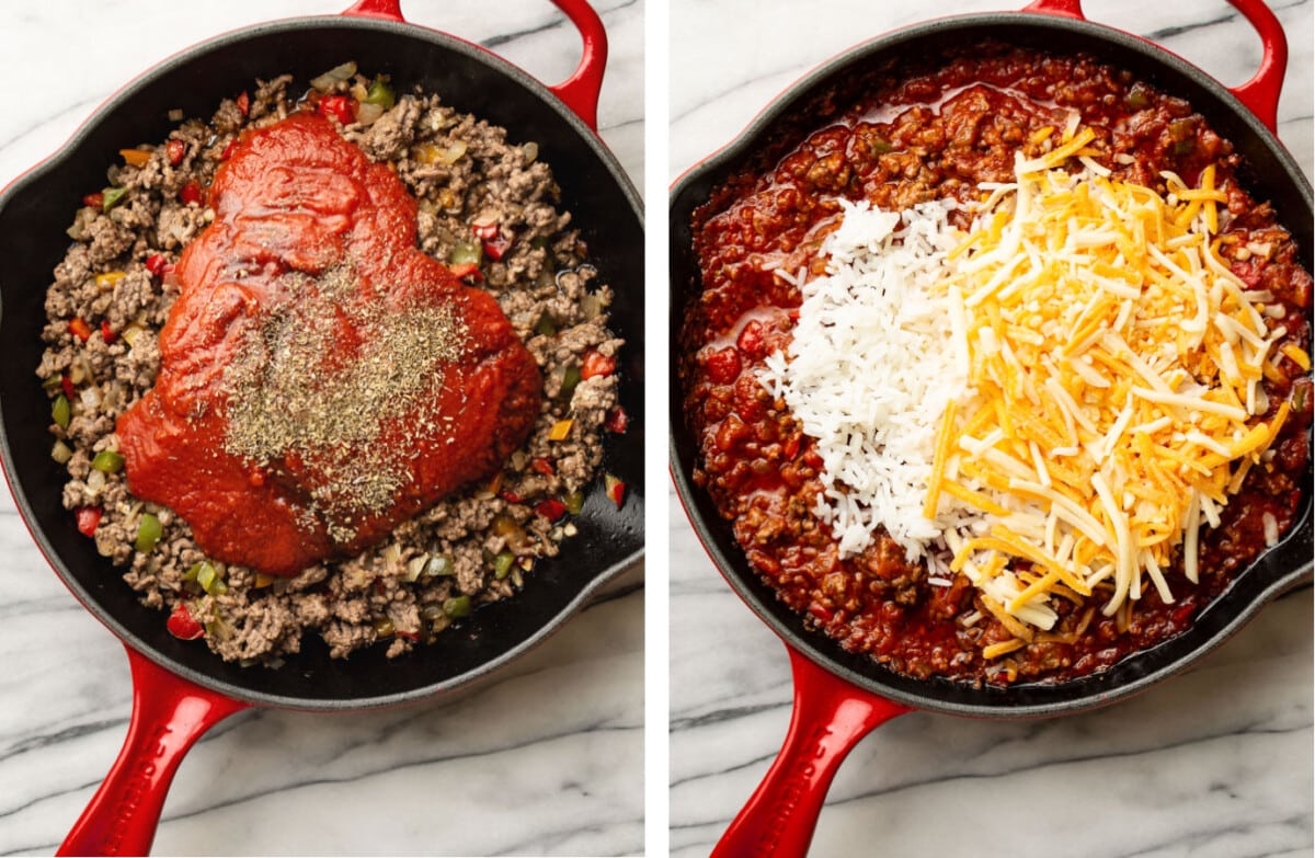 adding tomato sauce, seasoning, and cheese to a skillet with ground beef