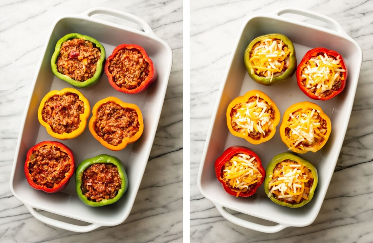 six stuffed peppers with ground beef in a baking dish being topped with cheese