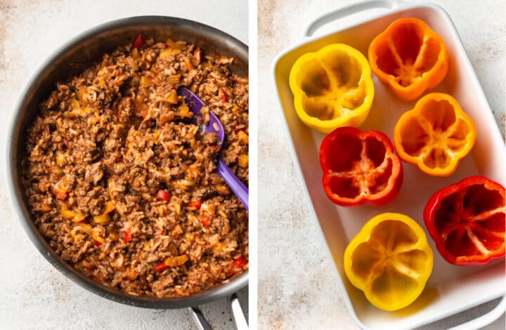 ground beef mixture in a skillet and peppers in a baking dish
