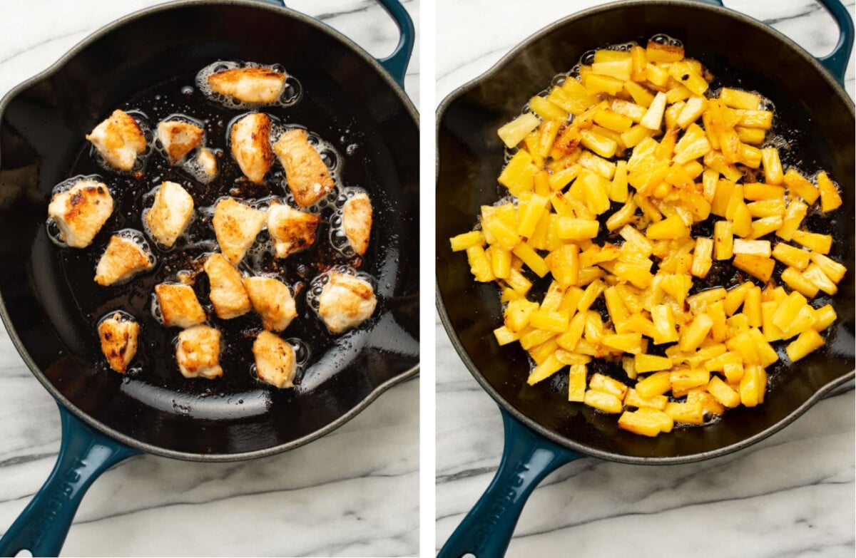 pan frying chicken in a skillet then stir frying pineapple