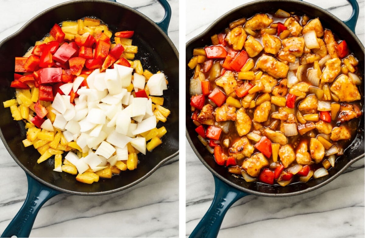 adding vegetables to a skillet with pineapple chicken and cooking through