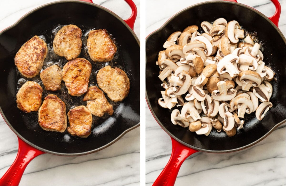 frying pork tenderloin in a skillet and then sauteing mushrooms
