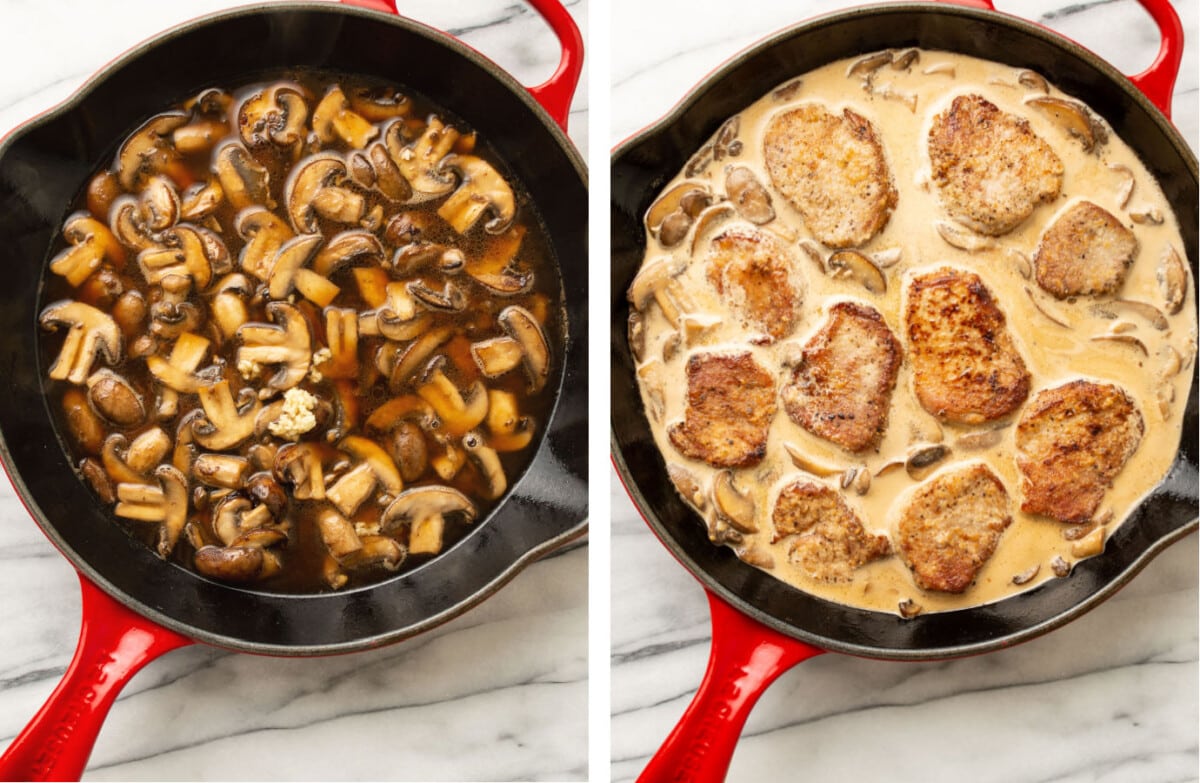 adding marsala and cream to a skillet with mushrooms and pork tenderloin