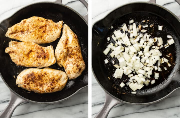 pan frying chicken and onions in a cast iron skillet