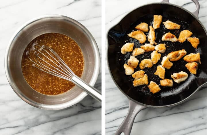 whisking stir fry sauce in a bowl and pan frying chicken pieces in a skillet