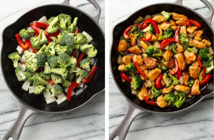 stir frying vegetables and adding in chicken and teriyaki sauce