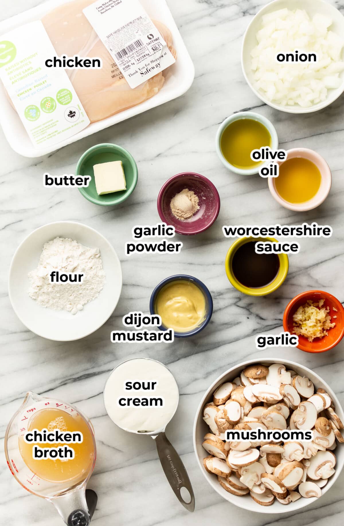 ingredients for chicken stroganoff in prep bowls