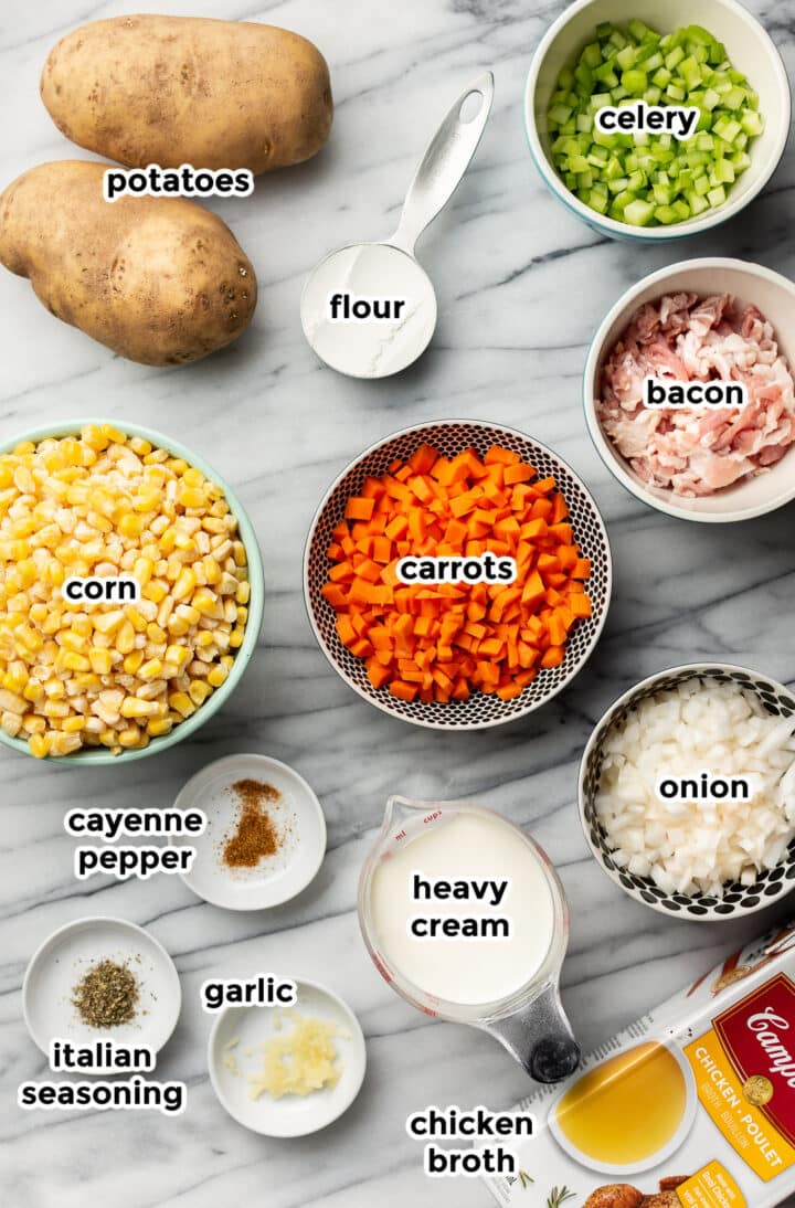 ingredients for corn chowder on a counter