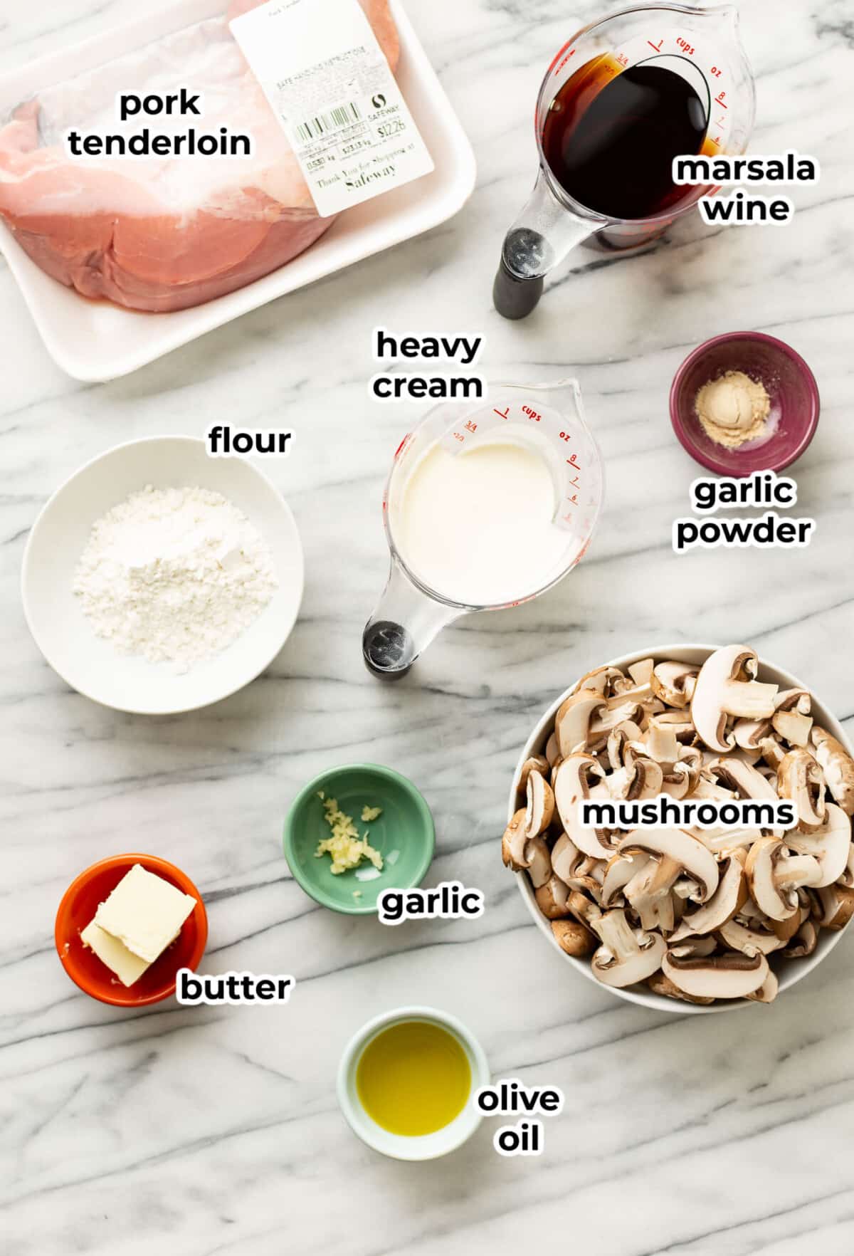 ingredients for pork marsala in prep bowls