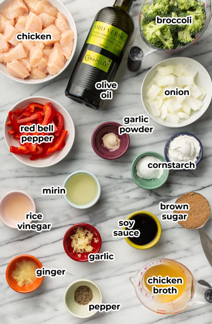 ingredients for teriyaki chicken stir fry in prep bowls